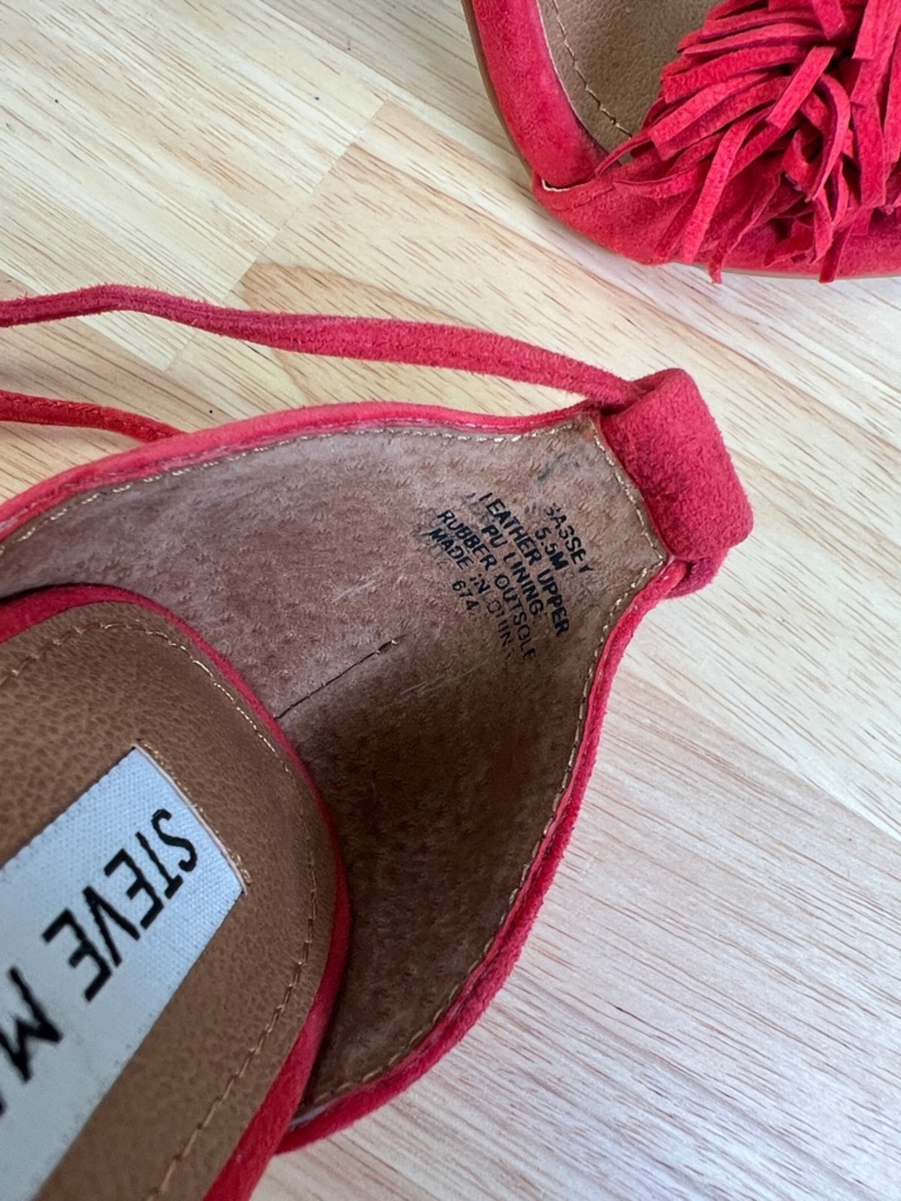 Steve Madden Red Suede Tassel Fringe Ankle-Tie Heels Sassey Size 5.5 - Picture 10 of 16